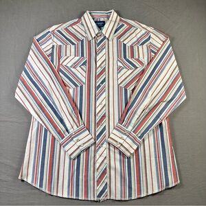 Vintage Wrangler Pearl Snap Mens L Striped Long Sleeve Western Shirt